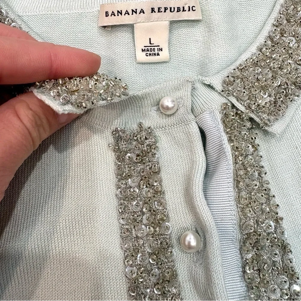 Banana Republic Silk Cotton Blue Cardigan Beaded Trim sz L - Picture 6 of 8